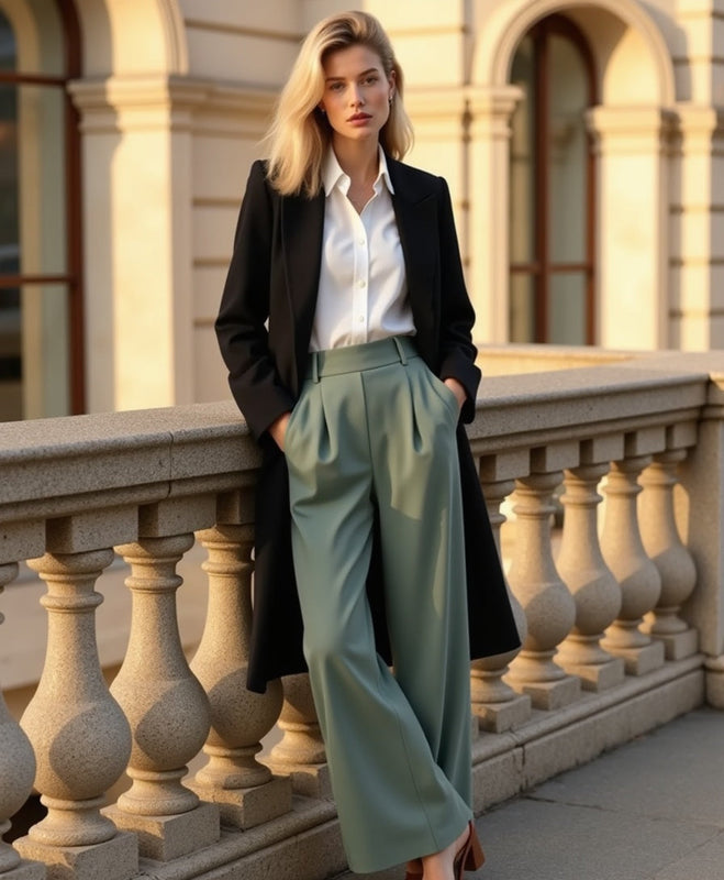 Weites Bein Hohe Taille Plissierte Front Hose für Damen | Seitentaschen