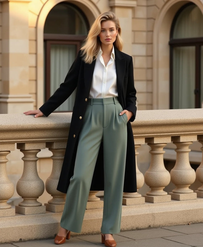 Weites Bein Hohe Taille Plissierte Front Hose für Damen | Seitentaschen
