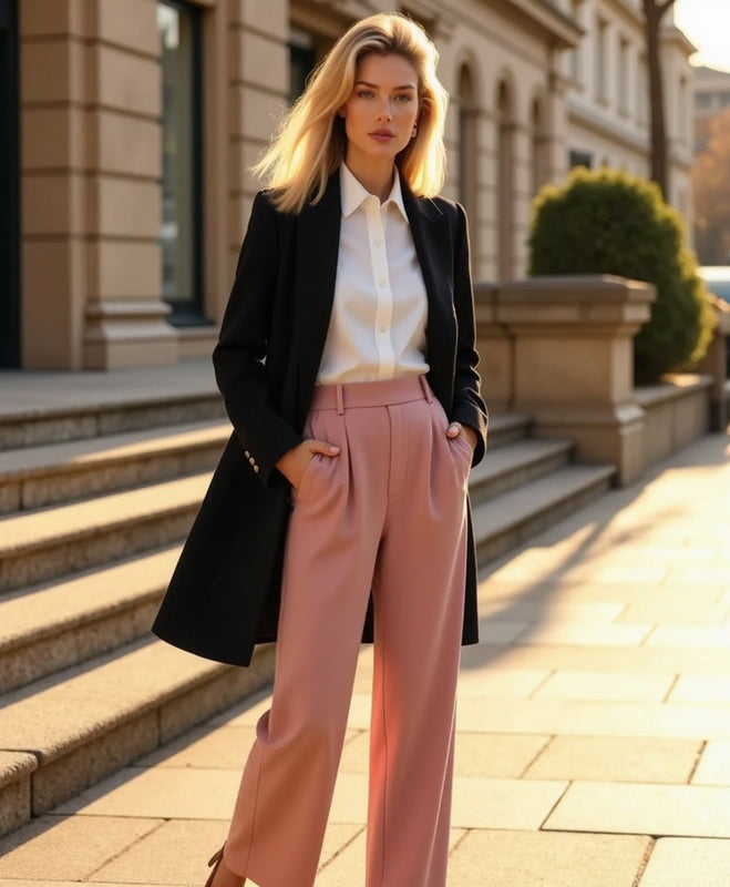 Weites Bein Hohe Taille Plissierte Front Hose für Damen | Seitentaschen