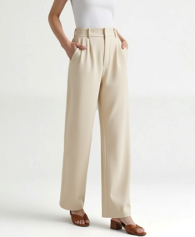 Weites Bein Hohe Taille Plissierte Front Hose für Damen | Seitentaschen