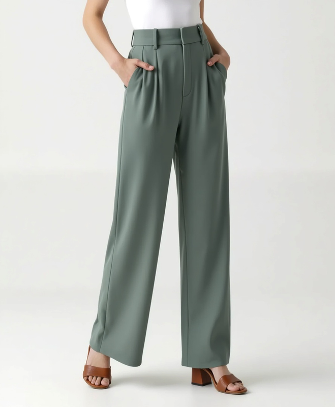 Weites Bein Hohe Taille Plissierte Front Hose für Damen | Seitentaschen