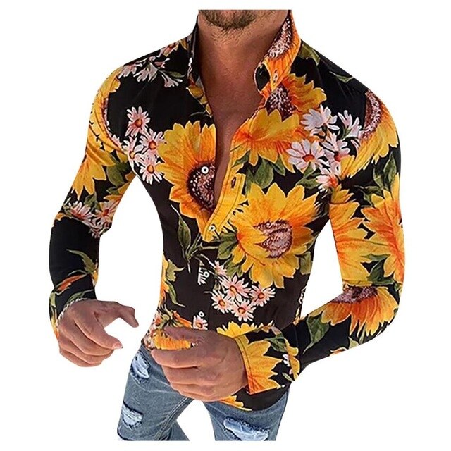 Blumenmuster Langarm Knopfleiste Hemd für Herren | Langarm