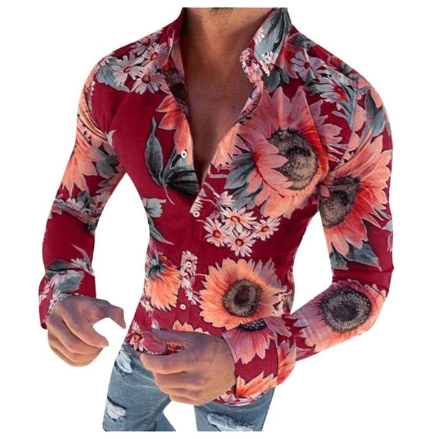 Blumenmuster Langarm Knopfleiste Hemd für Herren | Langarm