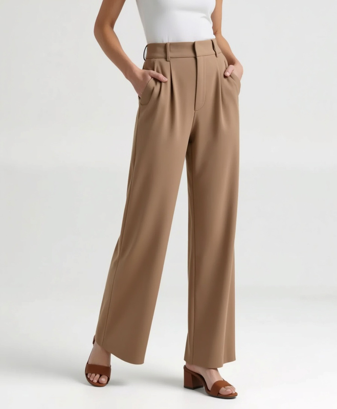 Weites Bein Hohe Taille Plissierte Front Hose für Damen | Seitentaschen