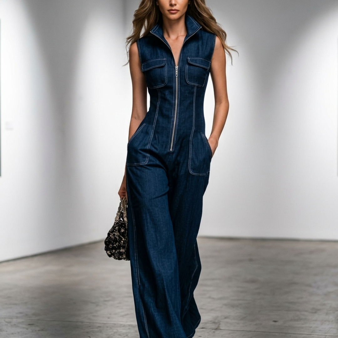 Aermelloser Jeans Jumpsuit mit weitem Bein und Zipper fuer Damen 5