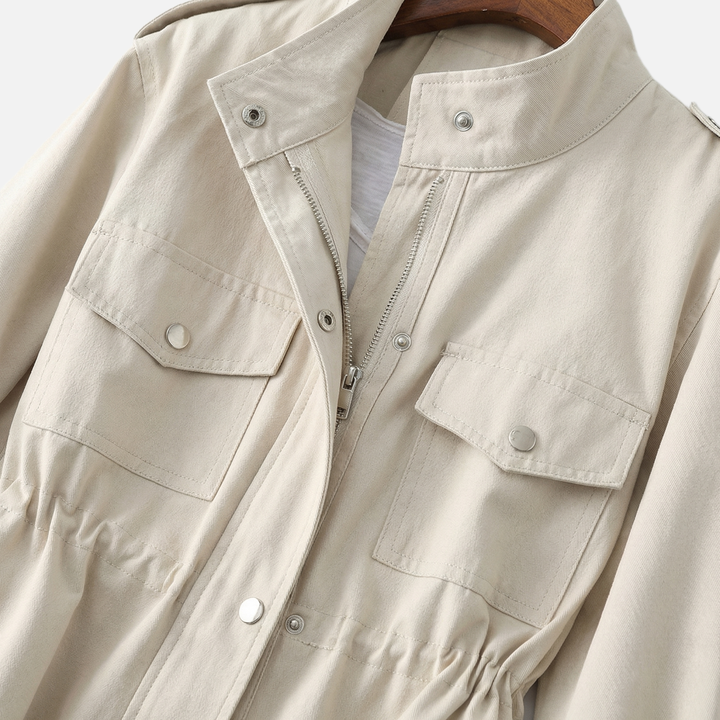 Baumwoll Feldjacke Stehkragen Pattentaschen fuer Damen 5