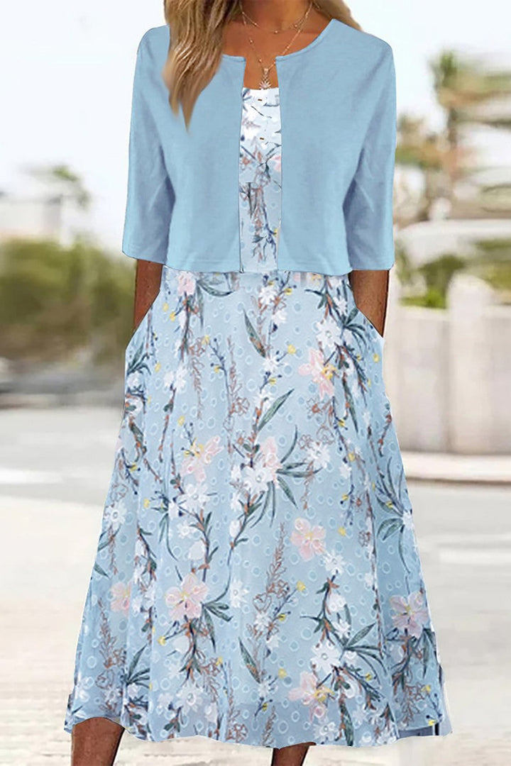 Blumen Midikleid fuer Damen Elegant Sommer mit Taschen zweiteilig 1