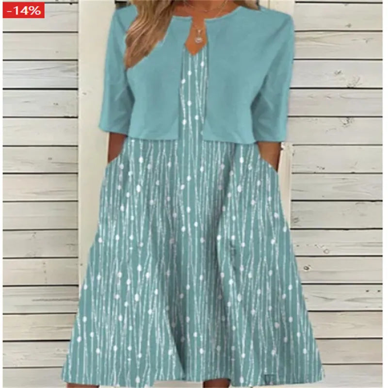 Blumen Midikleid fuer Damen Elegant Sommer mit Taschen zweiteilig 4