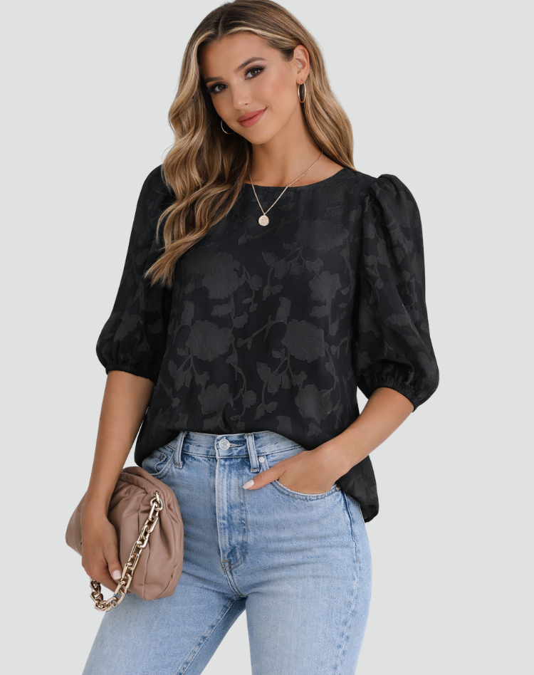 Bluse fuer Damen Business Blumenmuster 3 4 Puffaermel 5