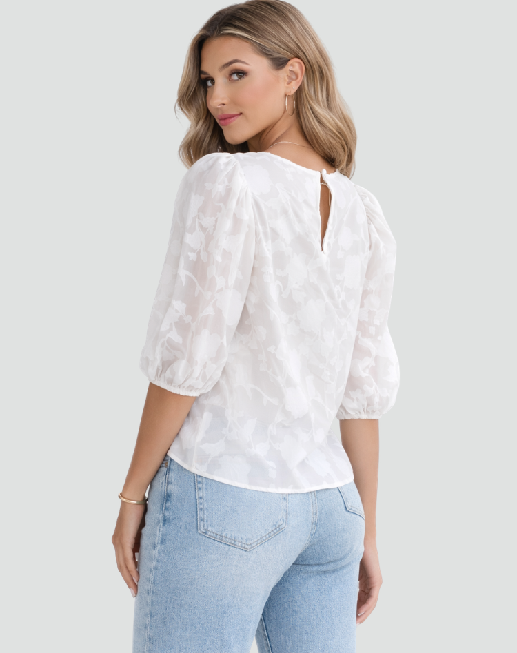 Bluse fuer Damen Business Blumenmuster 3 4 Puffaermel 7