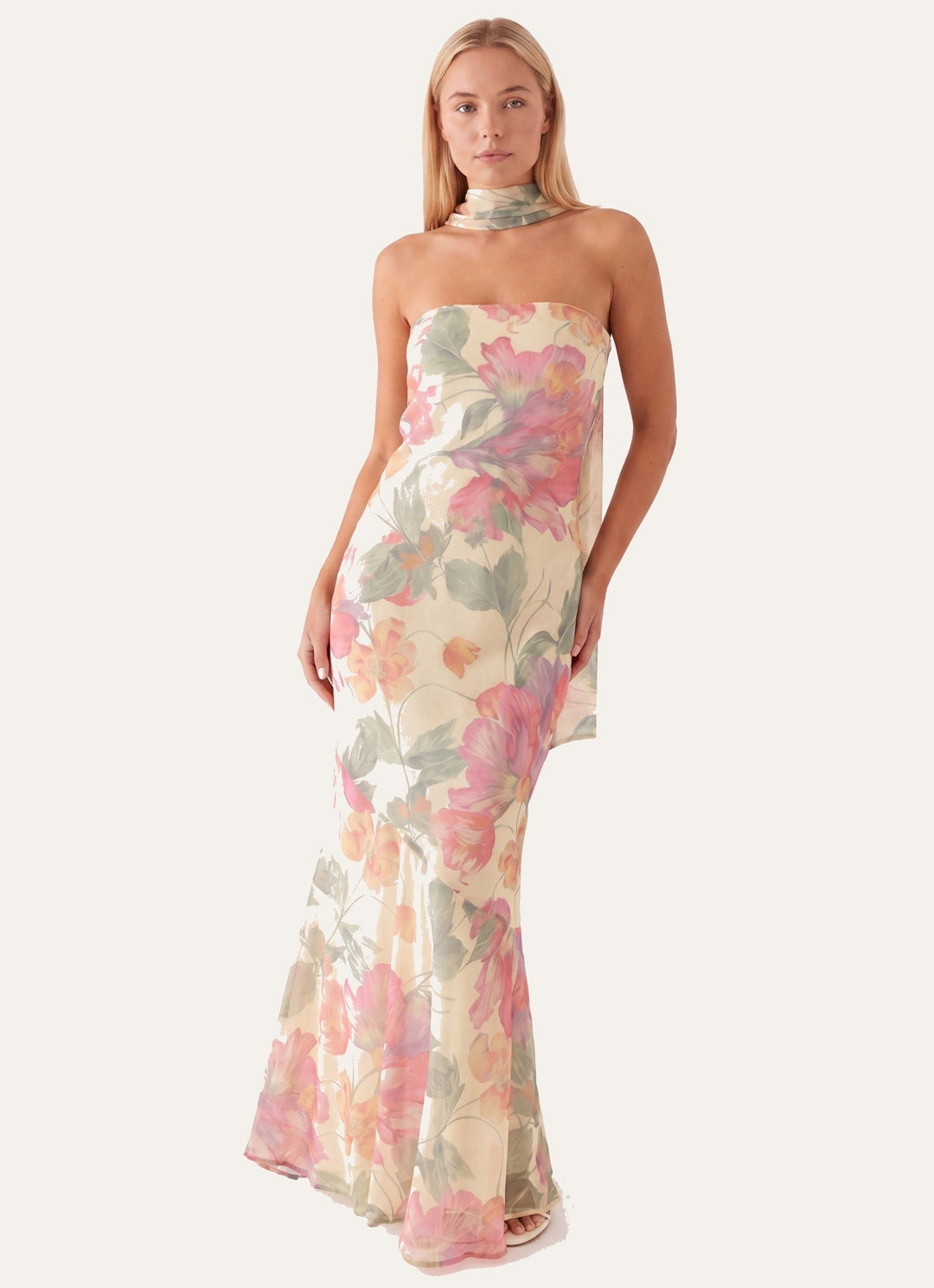 Bodycon-Maxikleid für Damen – Trägerlos mit Neckholder und Blumenmuster 1