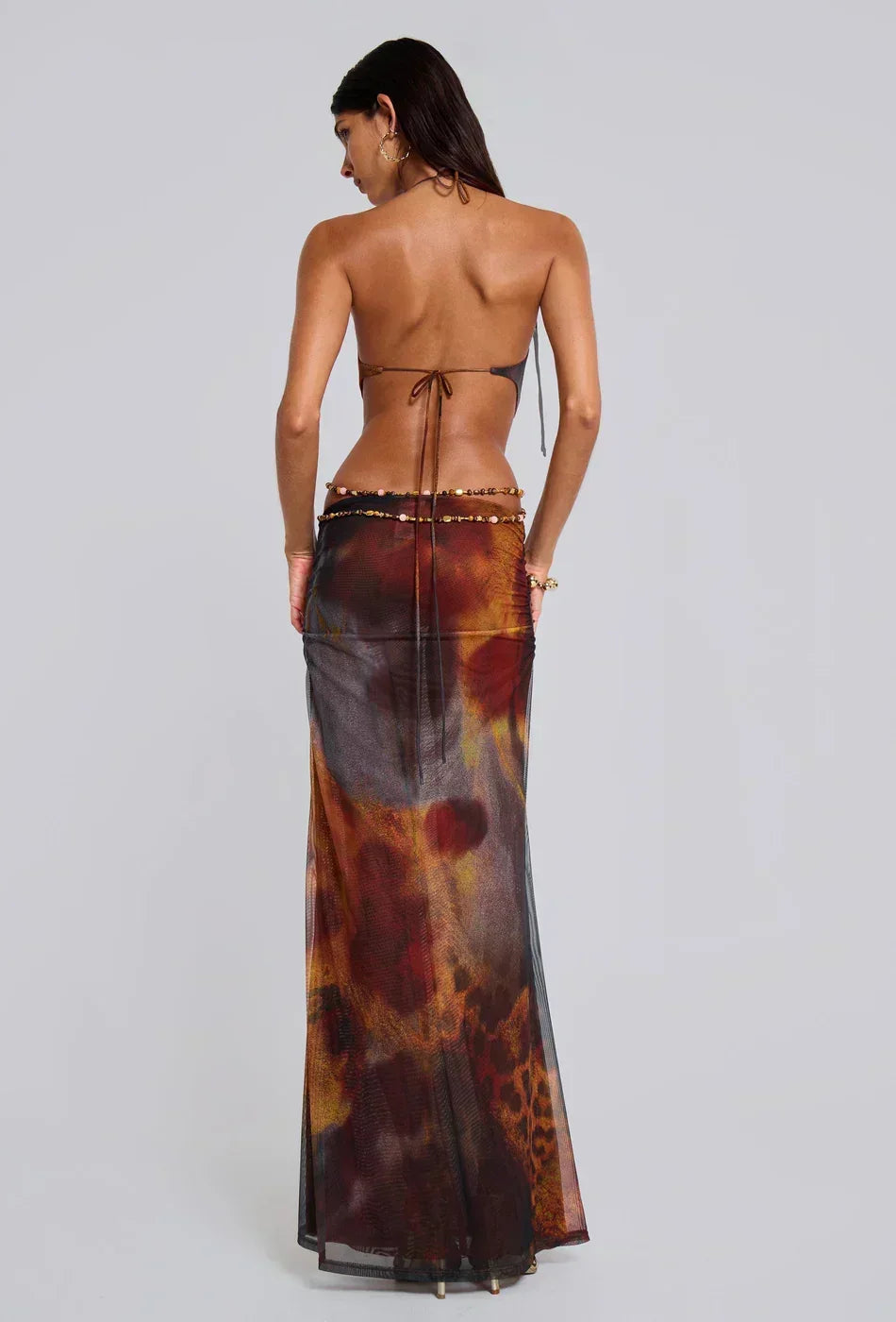 Braunes Leopardenprint Langes Kleid mit Cut outs fuer Damen 2