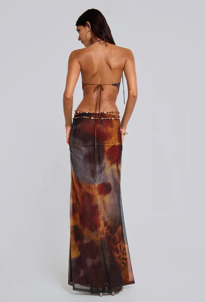 Braunes Leopardenprint Langes Kleid mit Cut outs fuer Damen 2