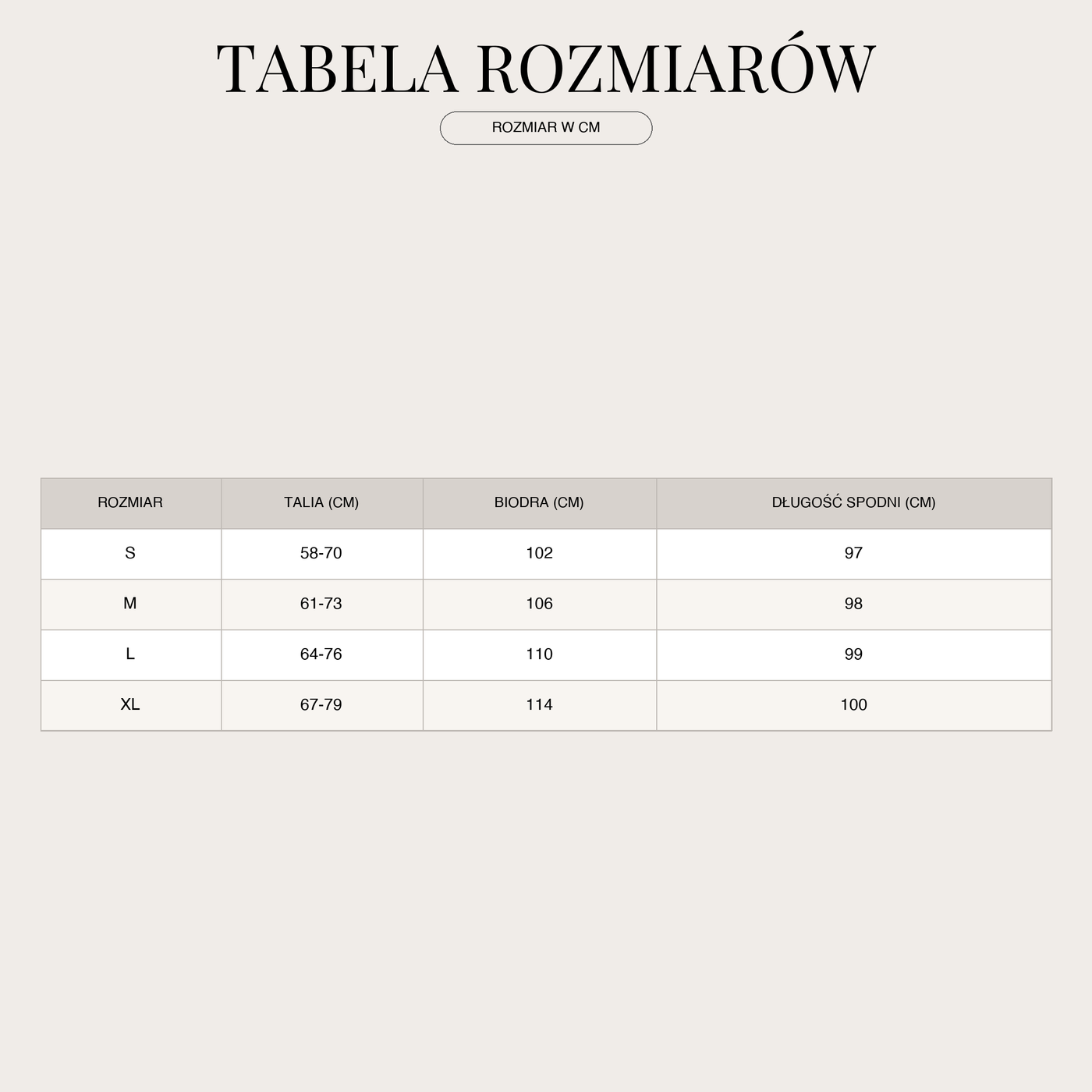 Damskie spodnie capri o prostym kroju w jasnym kolorze piaskowym size chart