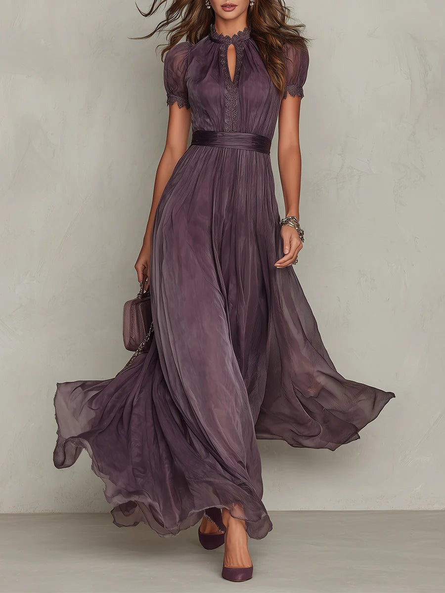 Chiffon Maxikleid mit Rueschenausschnitt Schluesselloch fuer Damen 1