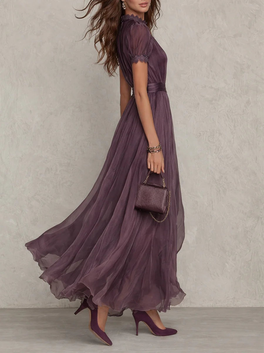 Chiffon Maxikleid mit Rueschenausschnitt Schluesselloch fuer Damen 2