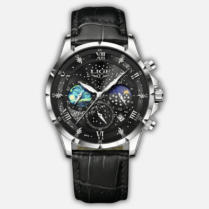 Quarzuhr aus Edelstahl mit Lederarmband und Datumsanzeige für Herren