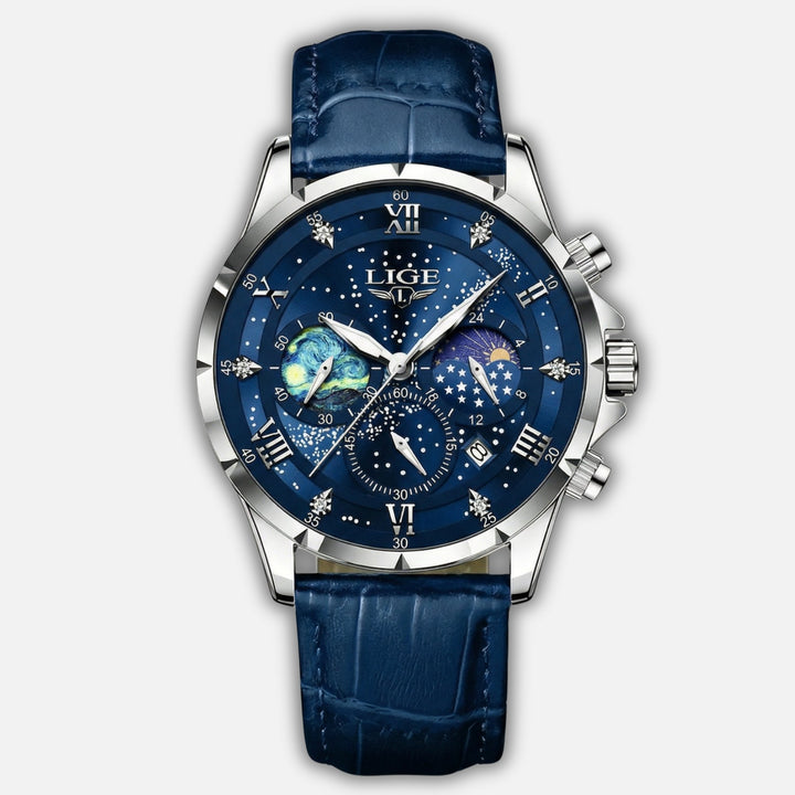 Quarzuhr aus Edelstahl mit Lederarmband und Datumsanzeige für Herren