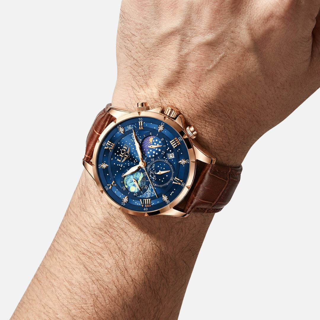 Quarzuhr aus Edelstahl mit Lederarmband und Datumsanzeige für Herren