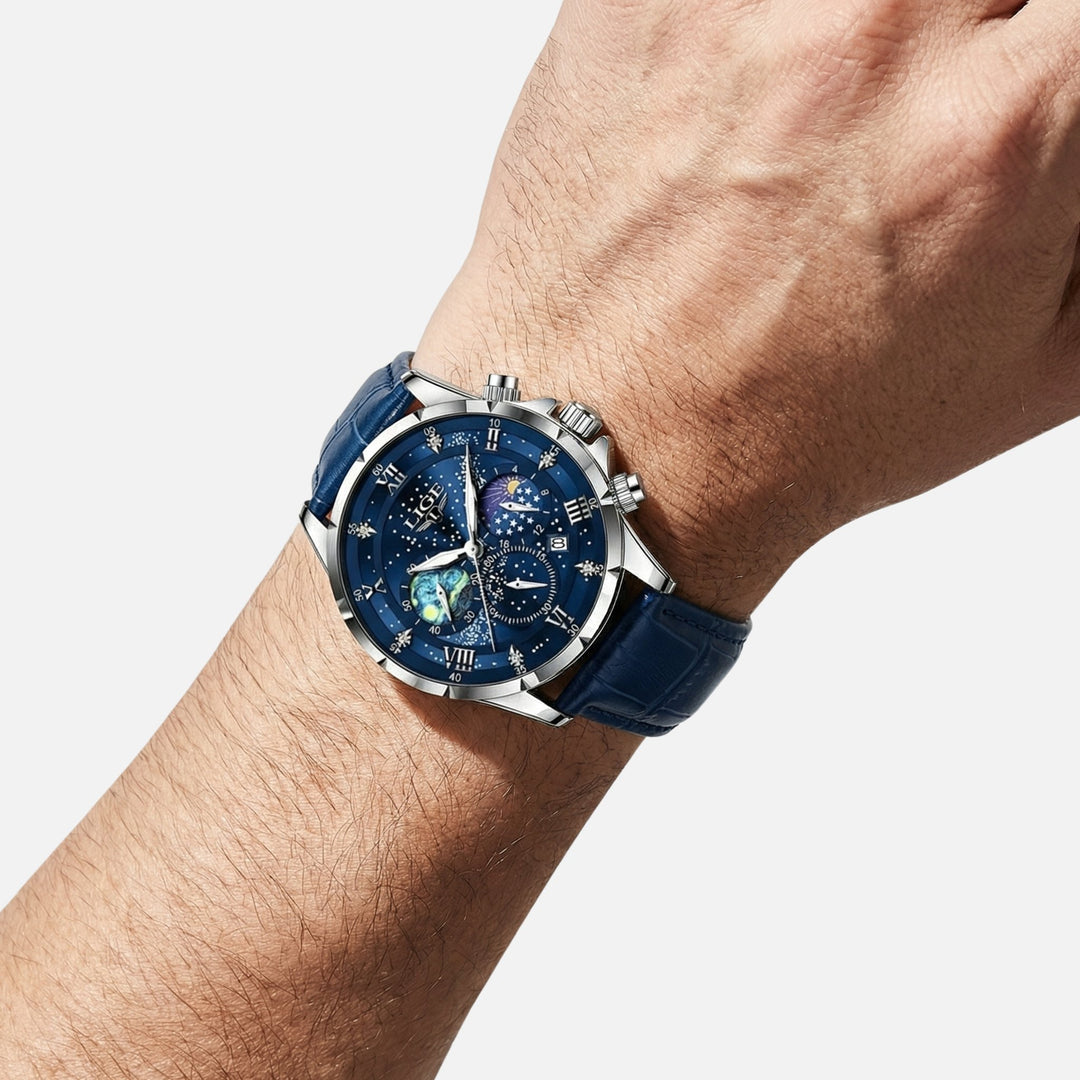 Quarzuhr aus Edelstahl mit Lederarmband und Datumsanzeige für Herren