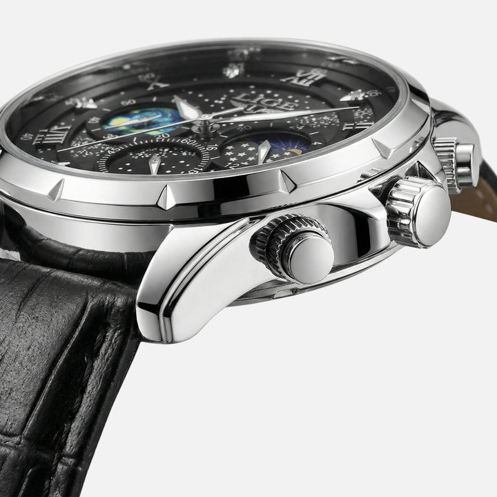 Quarzuhr aus Edelstahl mit Lederarmband und Datumsanzeige für Herren
