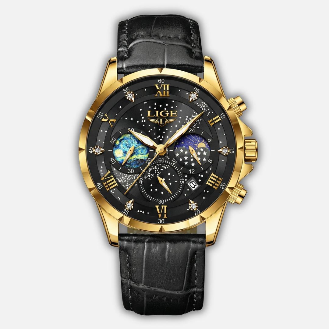 Quarzuhr aus Edelstahl mit Lederarmband und Datumsanzeige für Herren