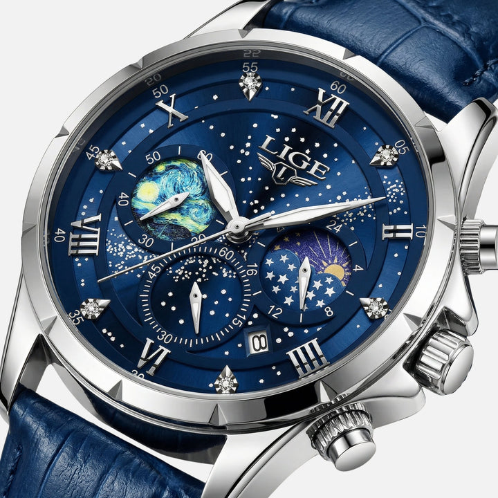Quarzuhr aus Edelstahl mit Lederarmband und Datumsanzeige für Herren