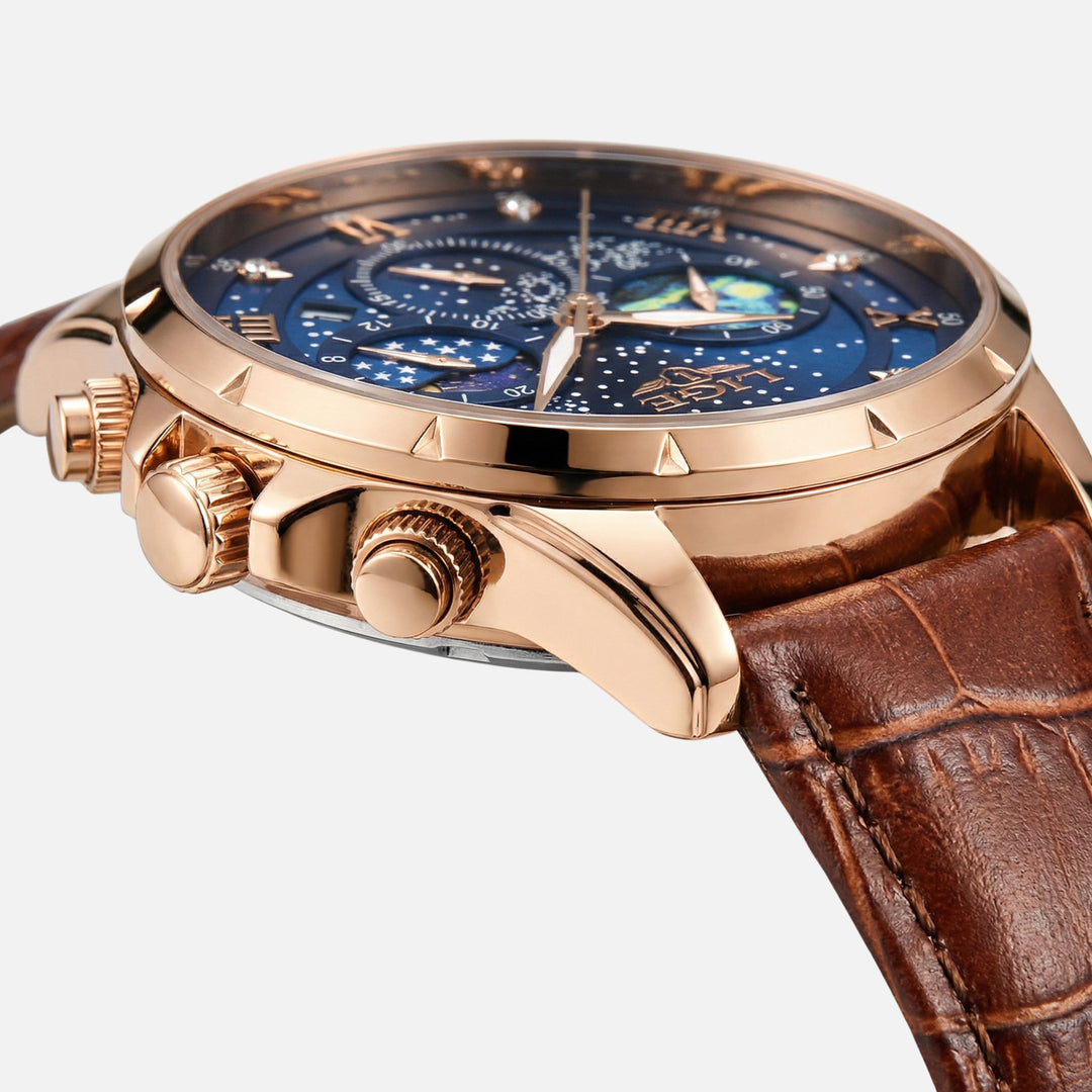 Quarzuhr aus Edelstahl mit Lederarmband und Datumsanzeige für Herren