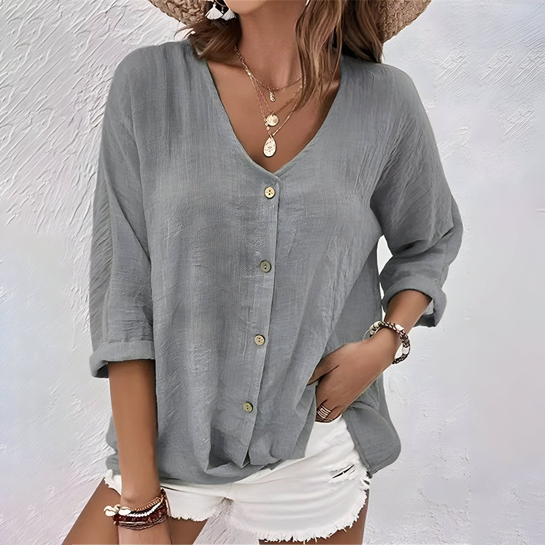 Crinkle Baumwollbluse V Ausschnitt 3 4 Arm fuer Damen 4