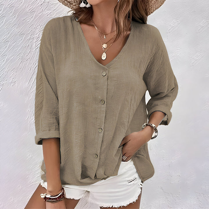 Crinkle Baumwollbluse V Ausschnitt 3 4 Arm fuer Damen 7