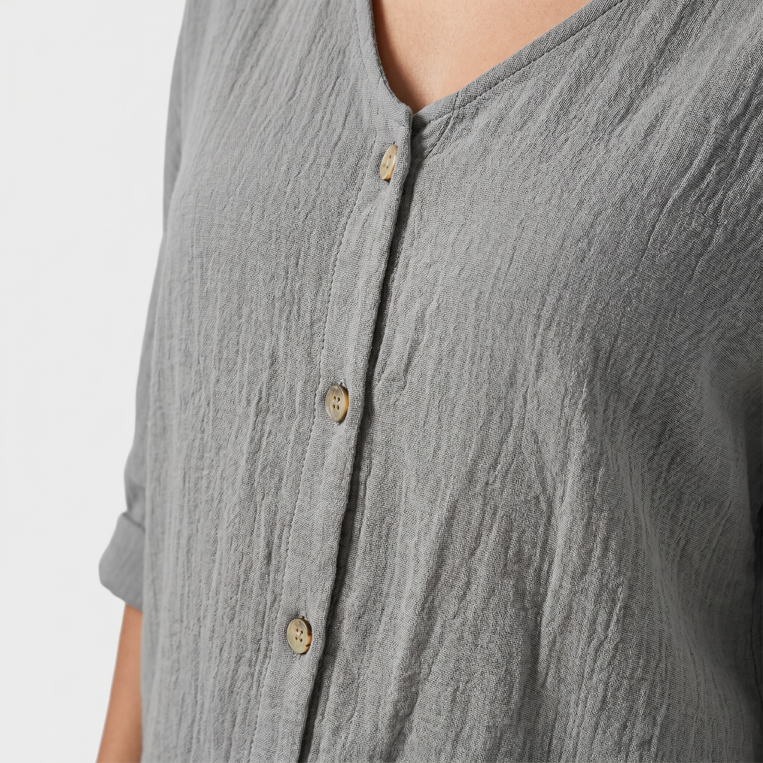 Crinkle Baumwollbluse V Ausschnitt 3 4 Arm fuer Damen 8