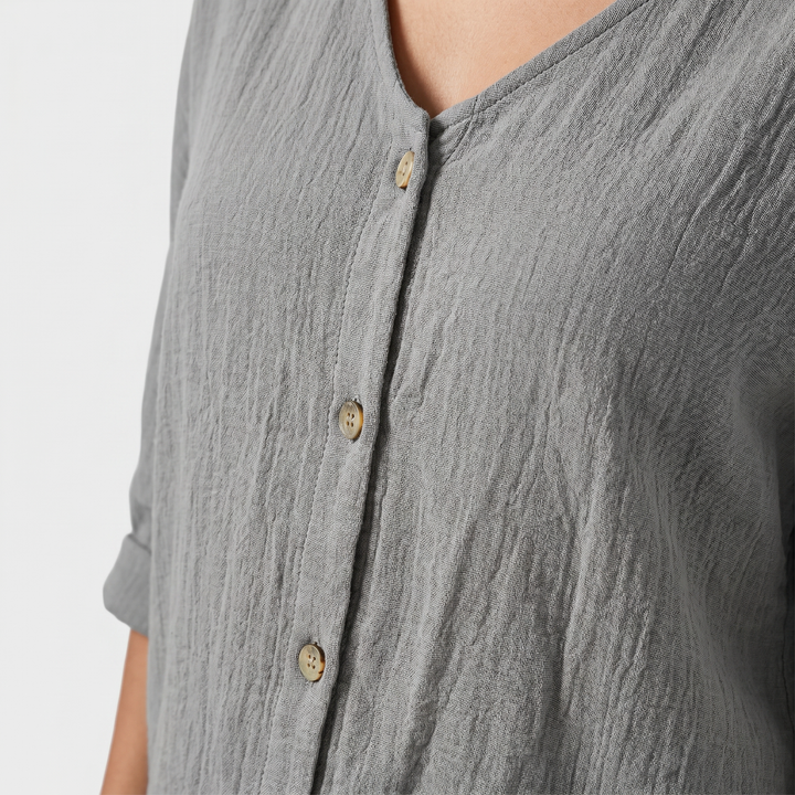 Crinkle Baumwollbluse V Ausschnitt 3 4 Arm fuer Damen 8