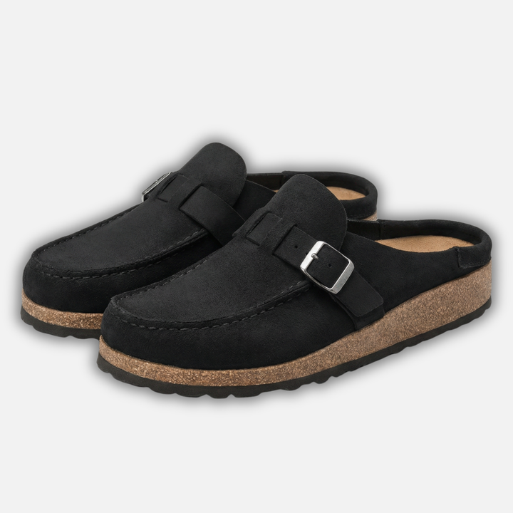 Damen Mules aus Kunstveloursleder mit Schnallenriemen