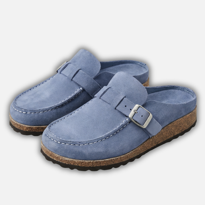Damen Mules aus Kunstveloursleder mit Schnallenriemen