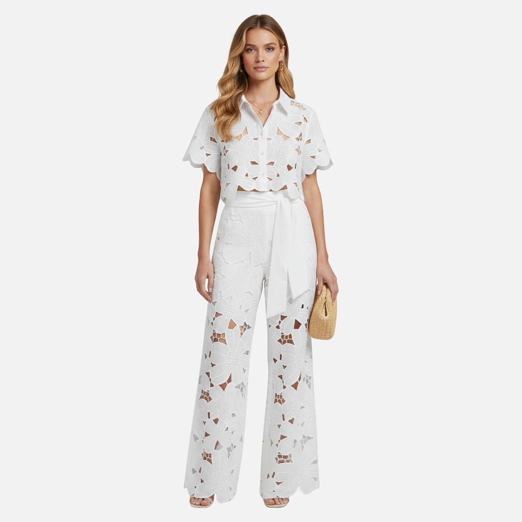 Damen Cutout gesticktes Zweiteiler Set mit gewelltem Saum