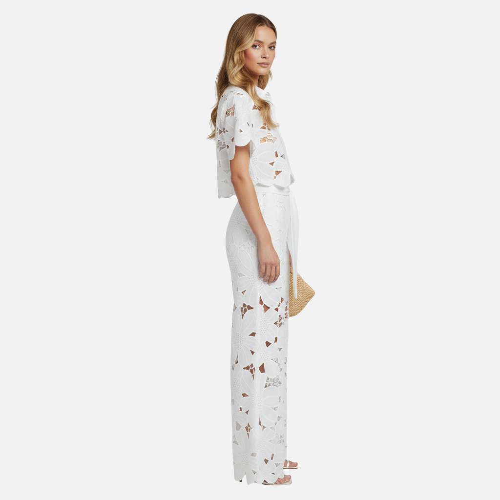 Damen Cutout gesticktes Zweiteiler Set mit gewelltem Saum