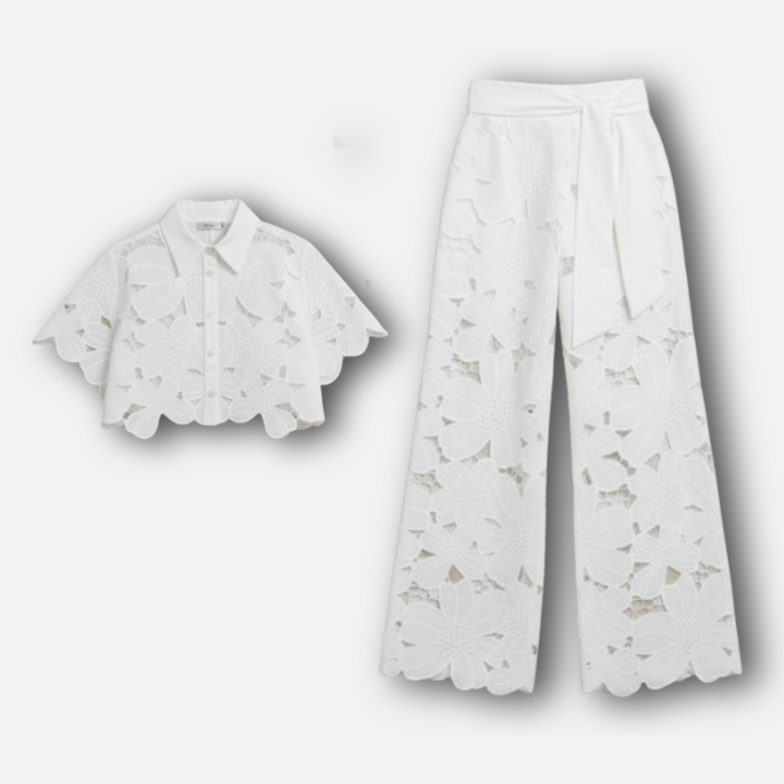 Damen Cutout gesticktes Zweiteiler Set mit gewelltem Saum