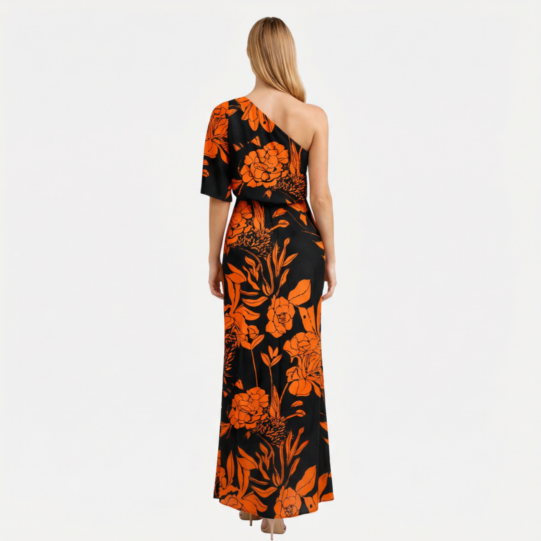 Damen Maxikleid mit Blumenmuster einer Schulter und Seitenschlitz