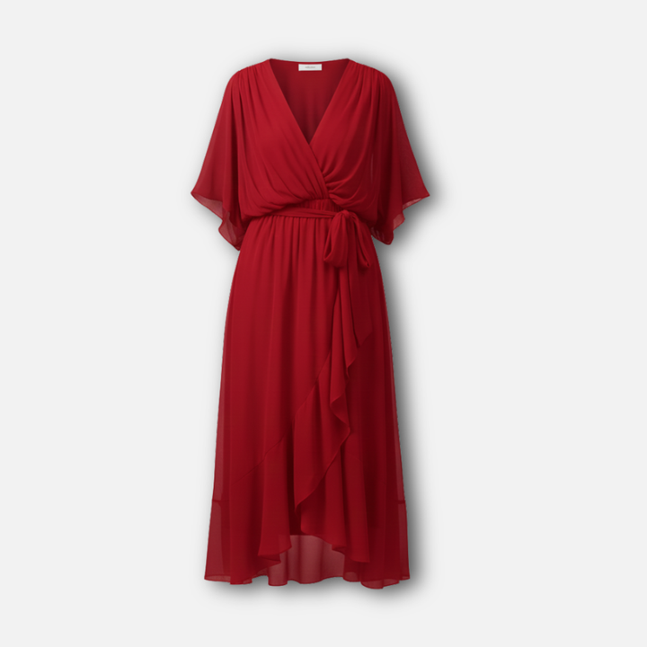 Fließendes Chiffon-Midi-Kleid mit V-Ausschnitt und Bindegürtel für Damen