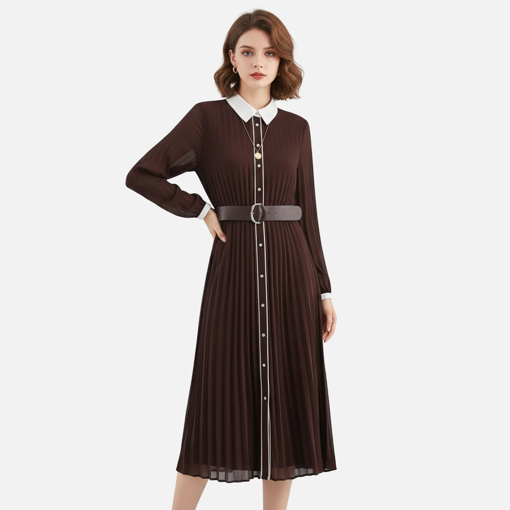 Damen Plissiertes Chiffon Midikleid mit Umlegekragen