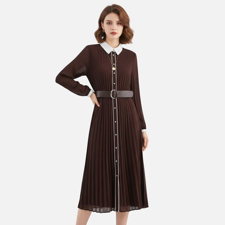 Damen Plissiertes Chiffon Midikleid mit Umlegekragen