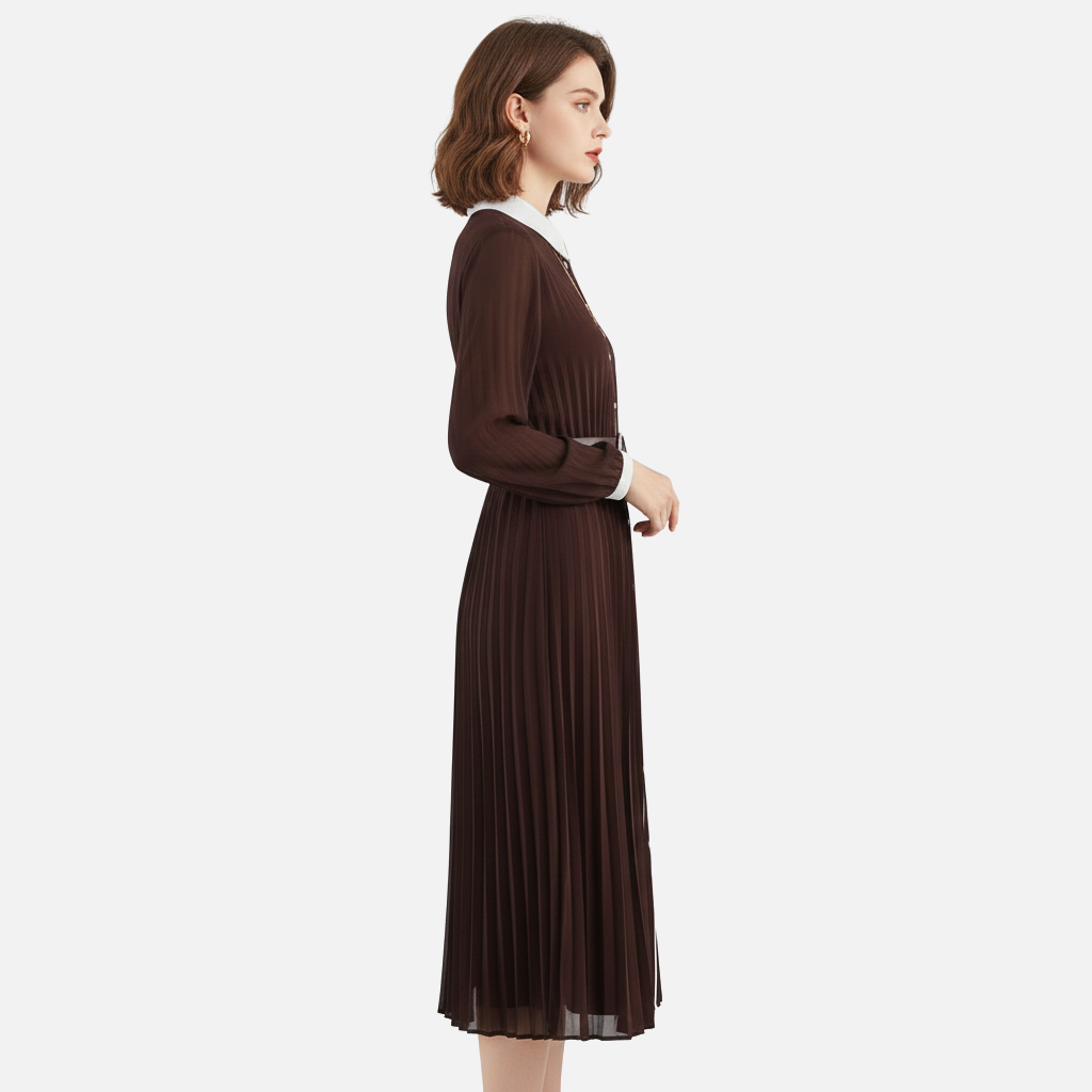 Damen Plissiertes Chiffon Midikleid mit Umlegekragen