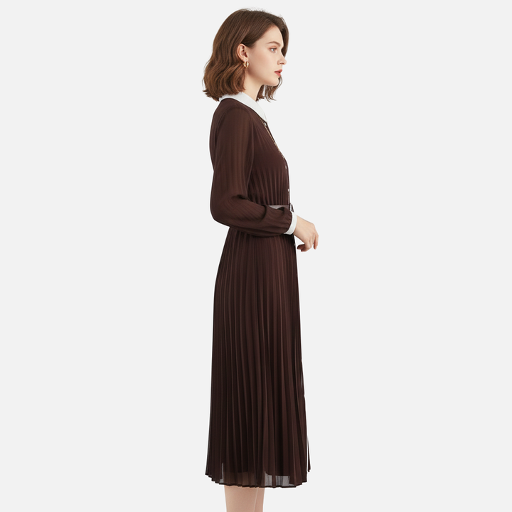 Damen Plissiertes Chiffon Midikleid mit Umlegekragen