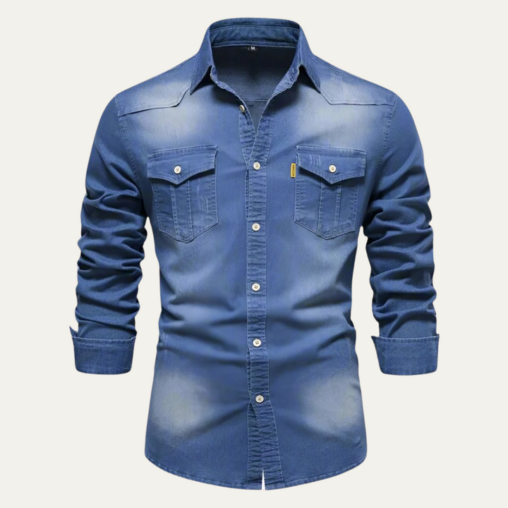 Denim Langarmhemd Knopfleiste mit Brusttaschen fuer Herren 1