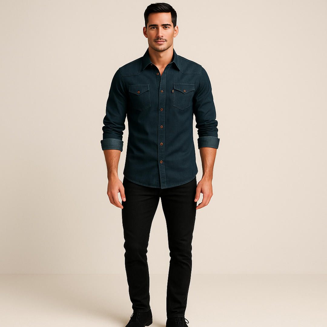 Denim Langarmhemd Knopfleiste mit Brusttaschen fuer Herren 10
