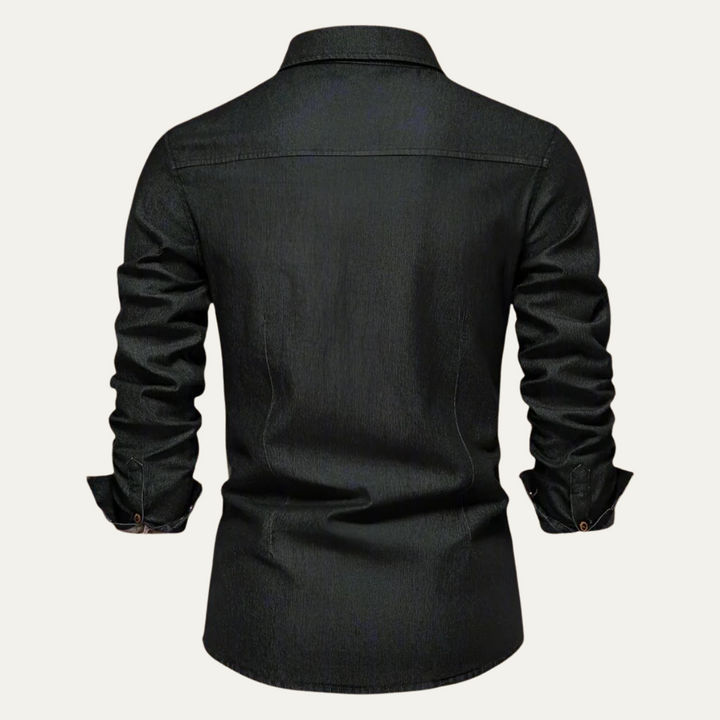 Denim Langarmhemd Knopfleiste mit Brusttaschen fuer Herren 11