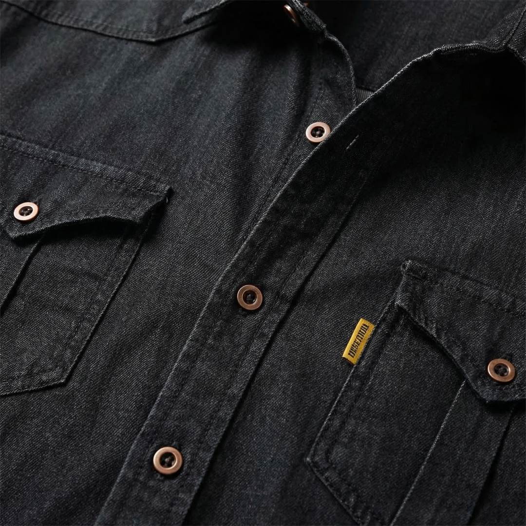 Denim Langarmhemd Knopfleiste mit Brusttaschen fuer Herren 12