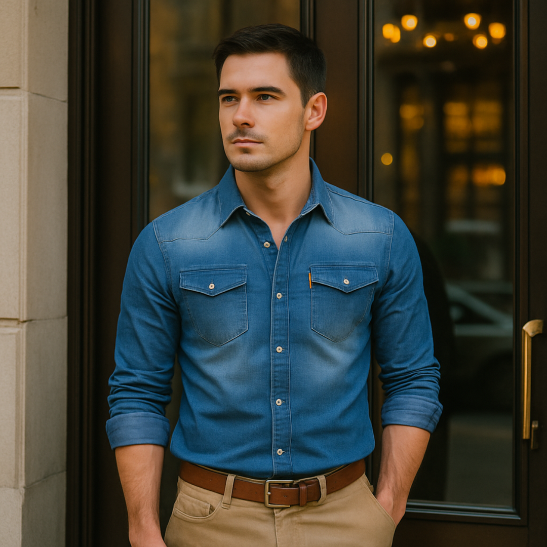 Denim Langarmhemd Knopfleiste mit Brusttaschen fuer Herren 2