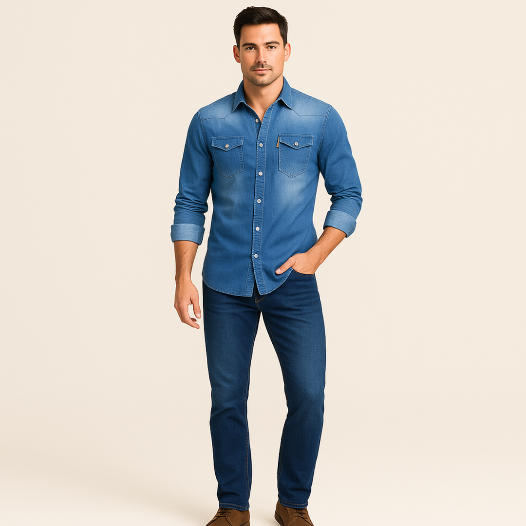 Denim Langarmhemd Knopfleiste mit Brusttaschen fuer Herren 3