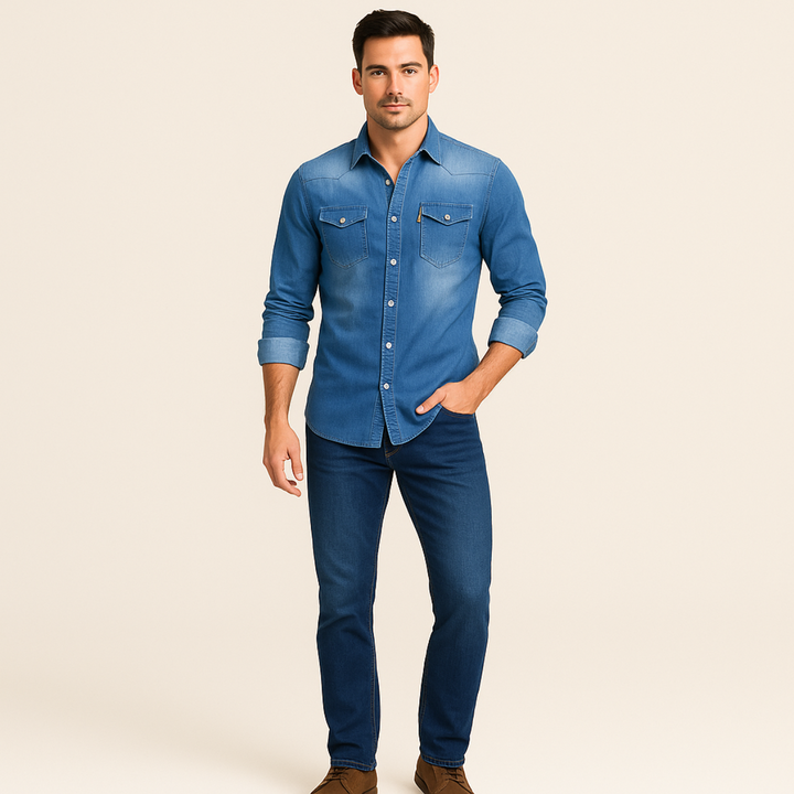 Denim Langarmhemd Knopfleiste mit Brusttaschen fuer Herren 3